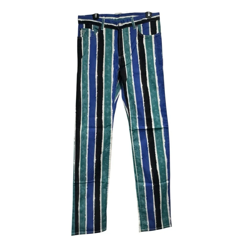 Versace Collection Men's Striped‎ Slim Fit Pants 33 Blue Green Cotton Stretch